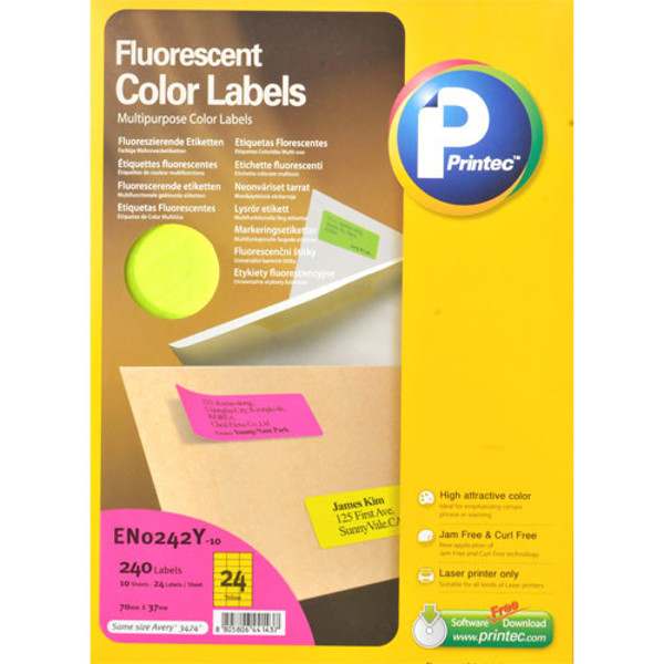 Afbeelding van etiket Printec  70.0x 37.0mm 10vel neon geel (tbv laserprinter)