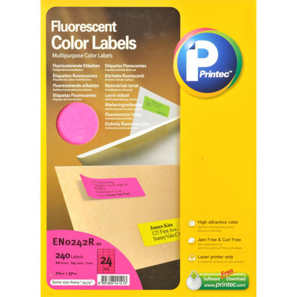 Afbeelding van etiket Printec  70.0x 37.0mm 10vel neon magenta (tbv laserprinter)