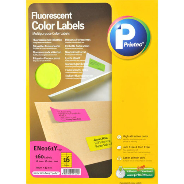 Afbeelding van etiket Printec 105.0x 37.0mm 10vel neon geel (tbv laserprinter)