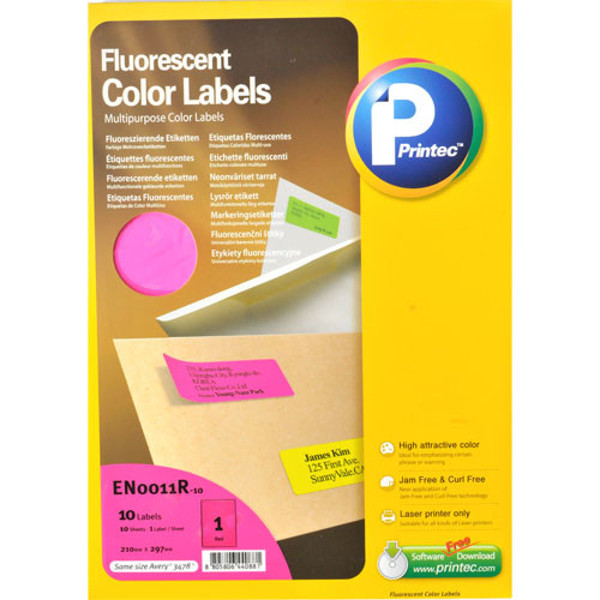 Afbeelding van etiket Printec 210.0x297.0mm 10vel neon magenta (tbv laserprinter)