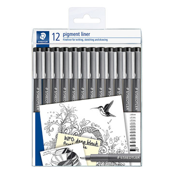 fineliner Staedtler pigment liner 308 zwart set à 12 breedtes 