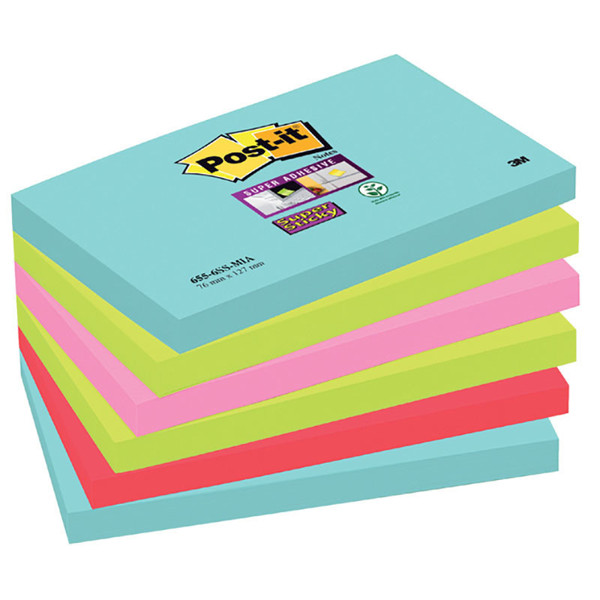 memoblok 3M Post-it  76x127mm 655-6SS 6 kleuren Super Sticky - Miami