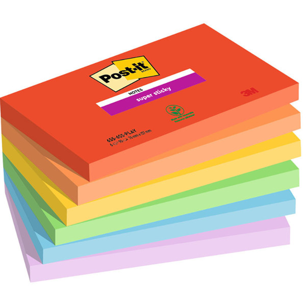 memoblok 3M Post-it  76x127mm 655-6SS 6 kleuren Super Sticky - Play