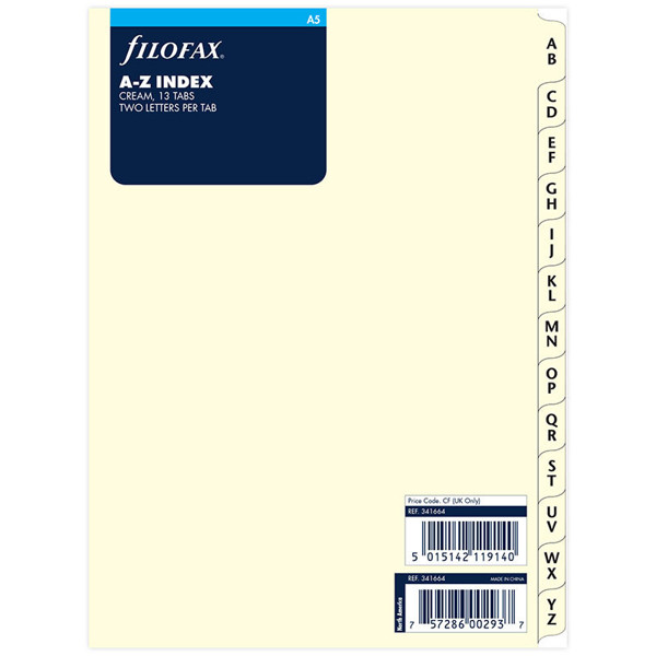 filofax A5 index A/Z 2-letters per blad creme