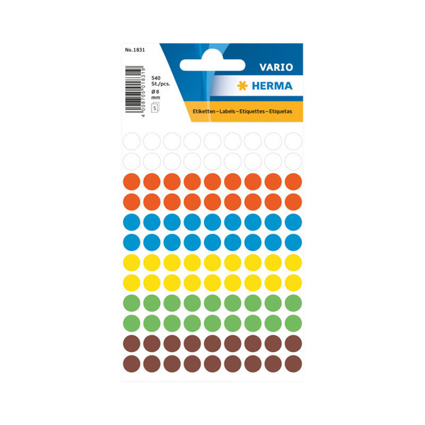 etiket Herma 8mm rond 540stuks 6 kleuren