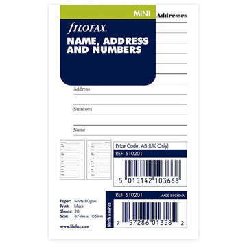 Filofax Mini naam / adres / telefoon wit papier