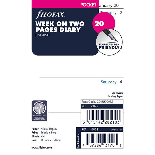 Afbeelding van Filofax Pocket vulling 2026 7 dagen op 2 pagina's Engels blanco