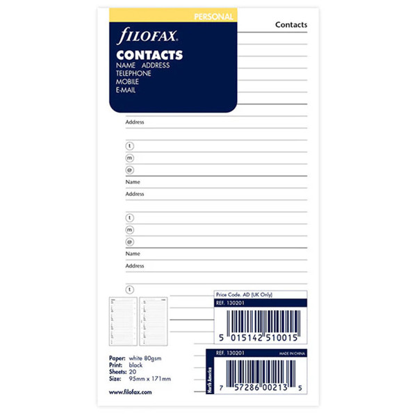 filofax Personal naam / adres / fax / E-mail / telefoon / mobiel - wit