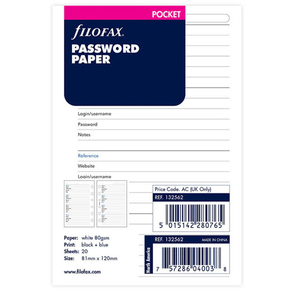 Filofax Pocket password paper