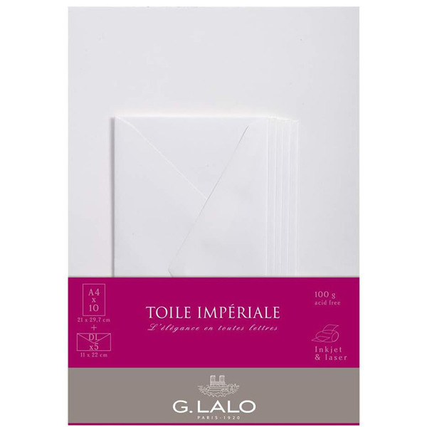 G.Lalo Vergé de France 10vel A4 + 5 enveloppen 110x220mm Toile Imperiale Wit