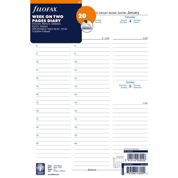 Afbeelding van Filofax A4 vulling 2027 7 dagen op 2 pagina's in kolommen + tijd