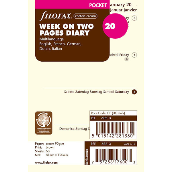 Afbeelding van Filofax Pocket vulling 2027 7 dagen op 2 pagina's 5-talig blanco cotton cream
