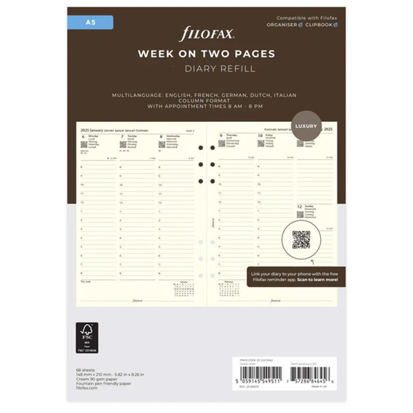 Filofax A5 calendarium  7 dagen op 2 pagina's + tijd kolommen cotton cream