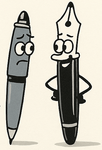 Cartoon van iemand die met een fancy vulpen schrijft naast iemand met een plastic pen